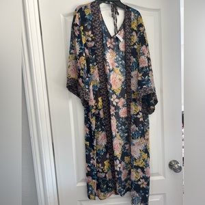 Xhilaration Navy Pink Yellow Floral Print Kimono Duster Cover up Jacket XS